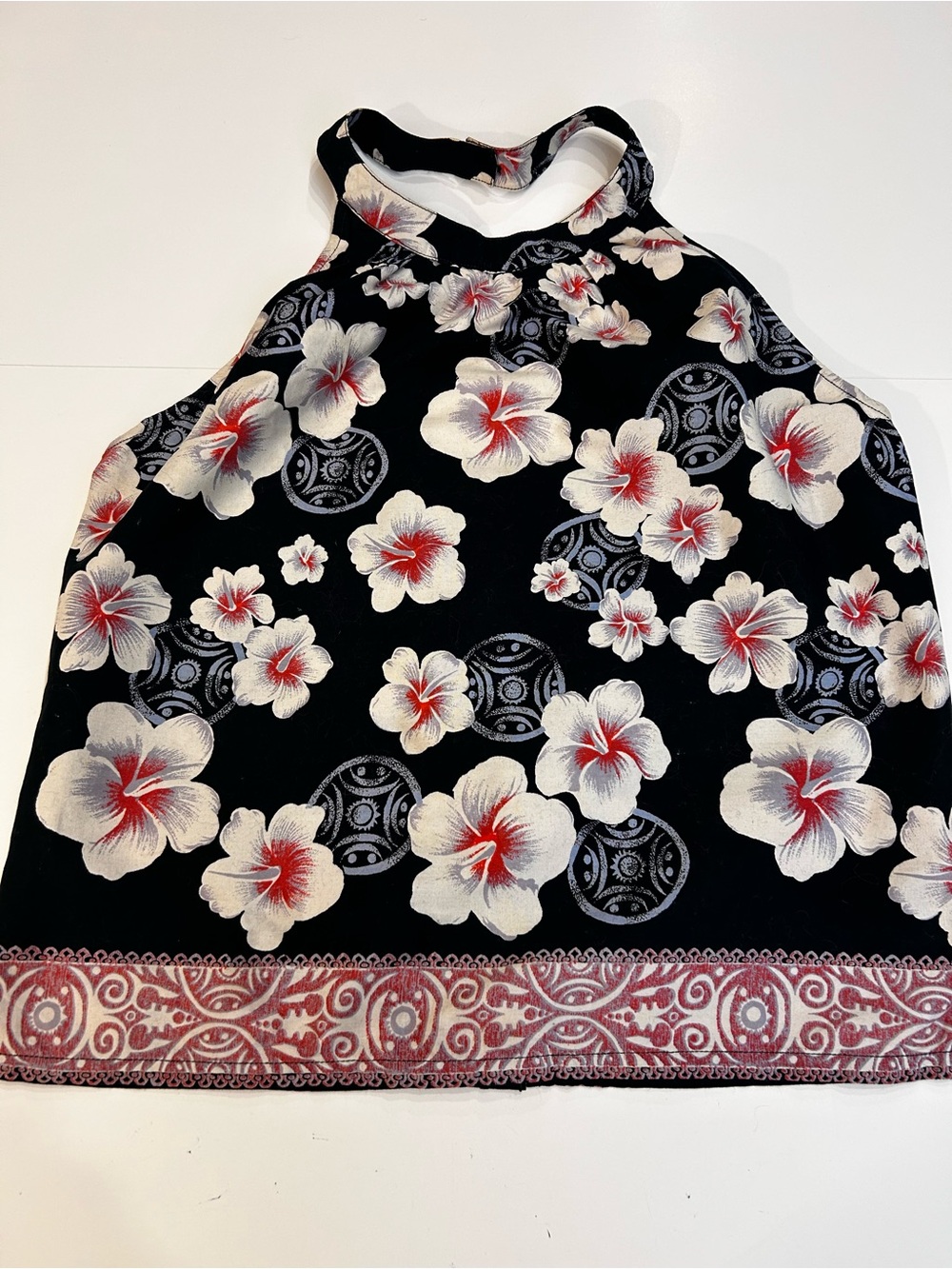 Black Floral Halter Tank Top with Red Accents